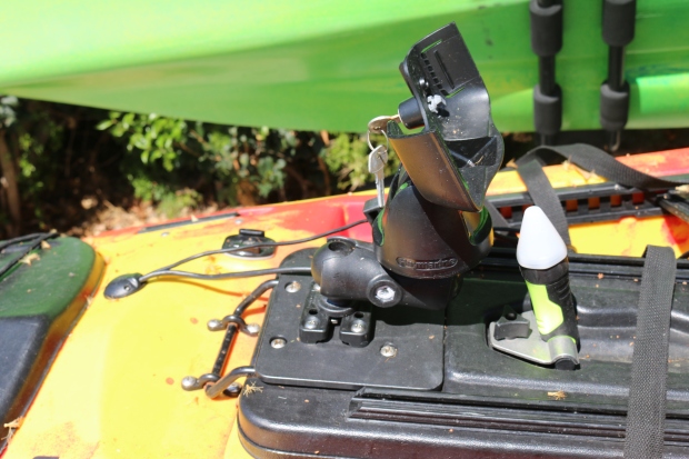 Raymarine Dragon fly base attached with a Mighty mount and Ram parts.